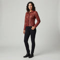 Women's Distressed Red-Brown Fitted Leather Jacket with Button-Up Front