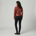 Women's Distressed Red-Brown Fitted Leather Jacket with Button-Up Front