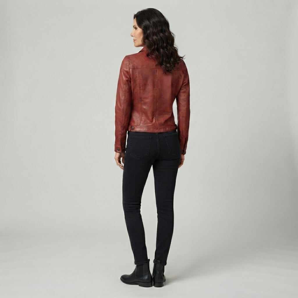 Women's Distressed Red-Brown Fitted Leather Jacket with Button-Up Front