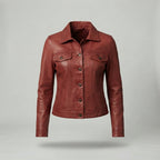 Women's Distressed Red-Brown Fitted Leather Jacket with Button-Up Front