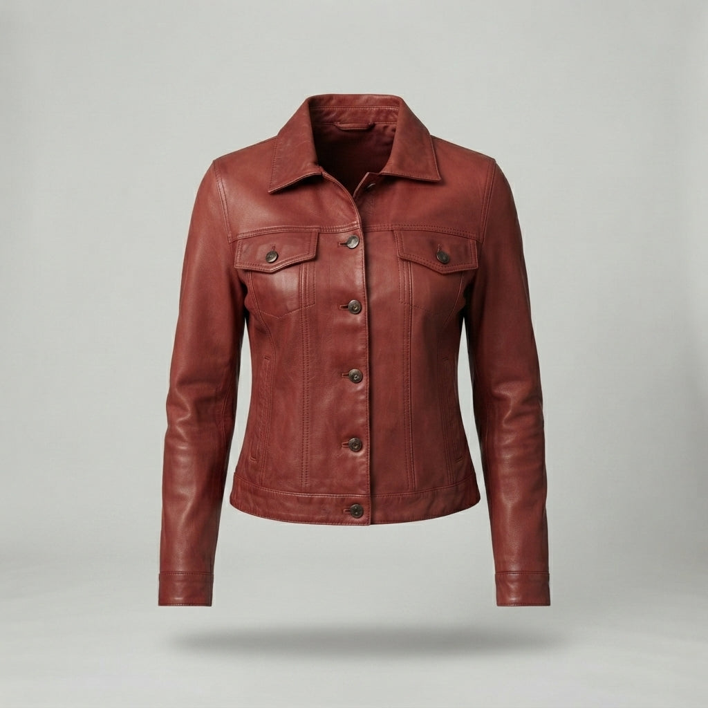 Women's Distressed Red-Brown Fitted Leather Jacket with Button-Up Front