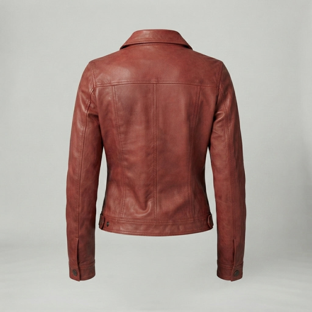 Women's Distressed Red-Brown Fitted Leather Jacket with Button-Up Front