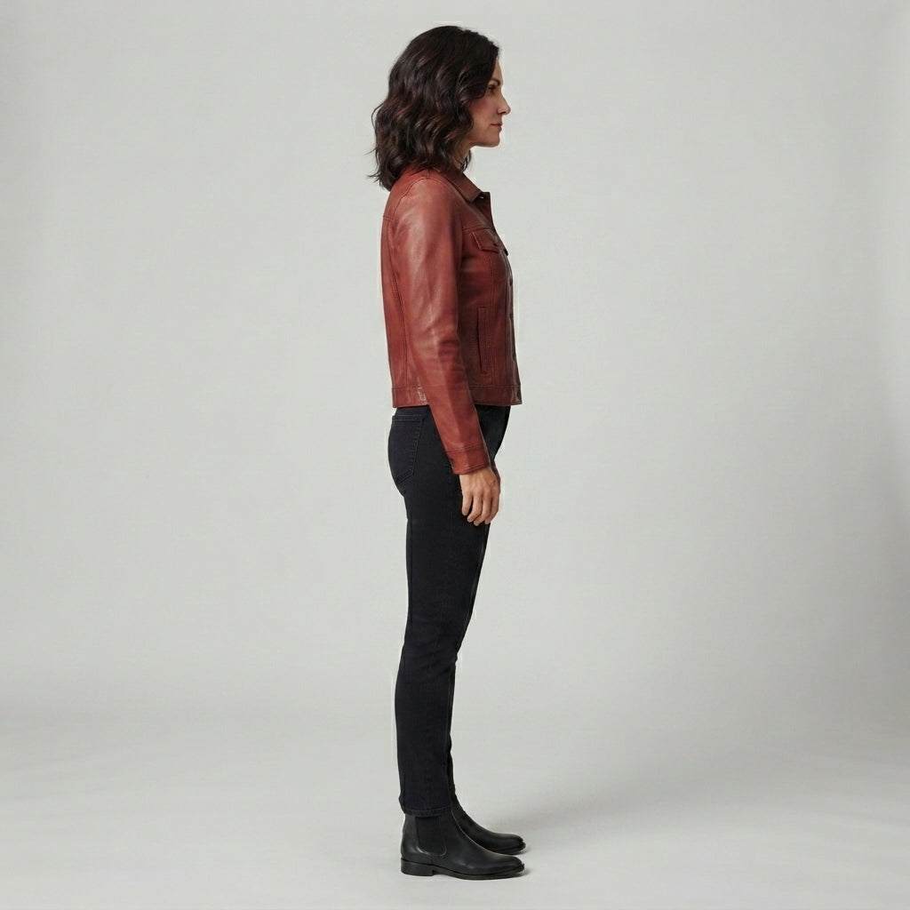 Women's Distressed Red-Brown Fitted Leather Jacket with Button-Up Front