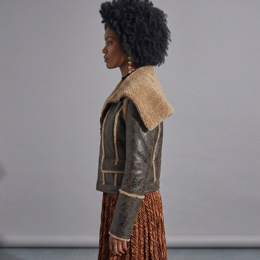 Distressed Shearling Aviator Jacket