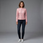 Women's Dusty Rose Leather Biker Jacket with Band Collar