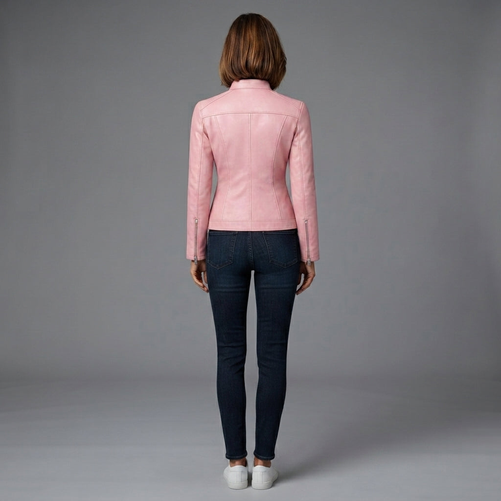 Women's Dusty Rose Leather Biker Jacket with Band Collar