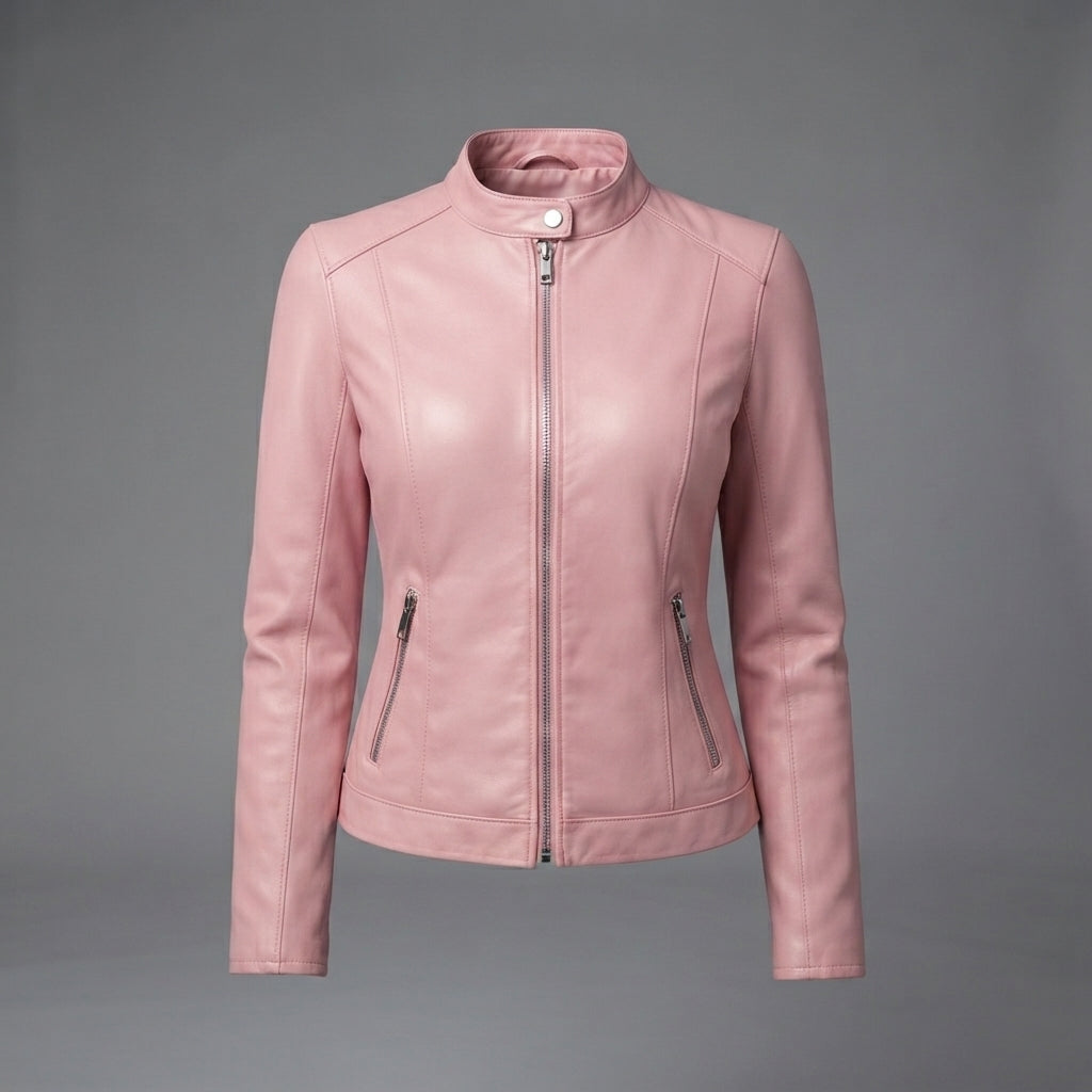 Women's Dusty Rose Leather Biker Jacket with Band Collar