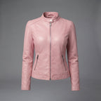 Women's Dusty Rose Leather Biker Jacket with Band Collar