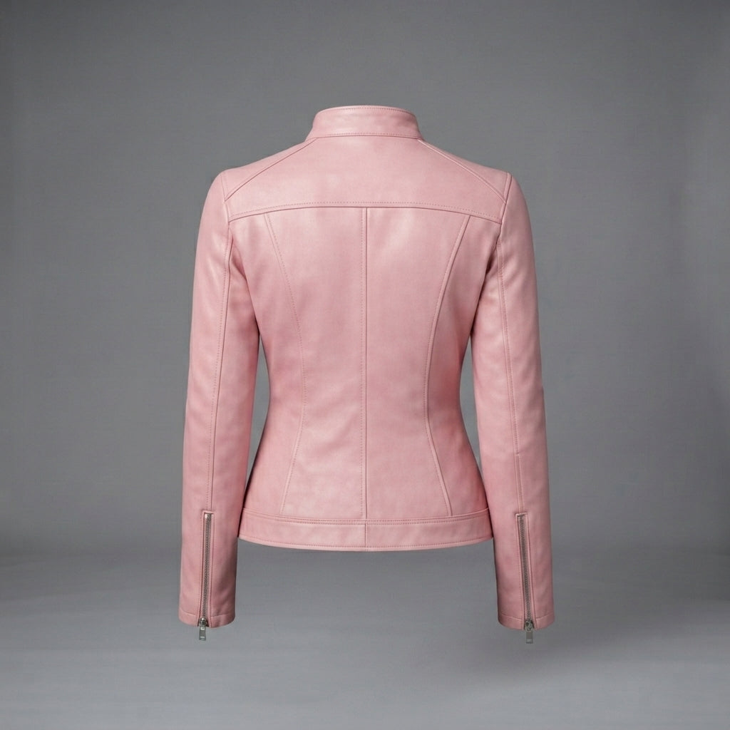 Women's Dusty Rose Leather Biker Jacket with Band Collar