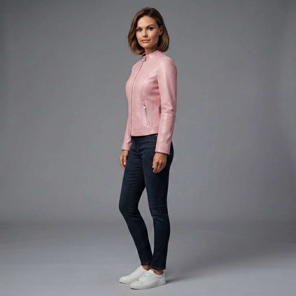 Women's Dusty Rose Leather Biker Jacket with Band Collar