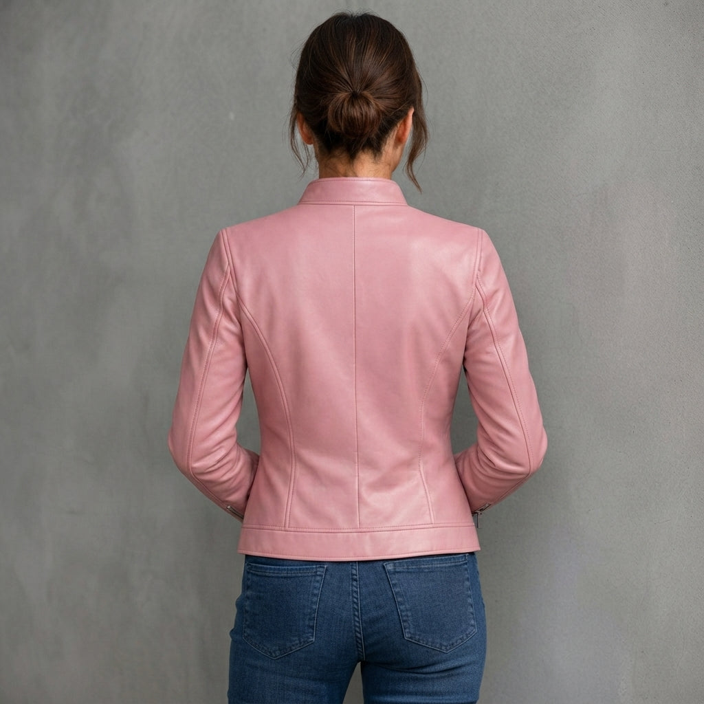 Dusty Rose Zip-Front Cafe Racer Leather Jacket