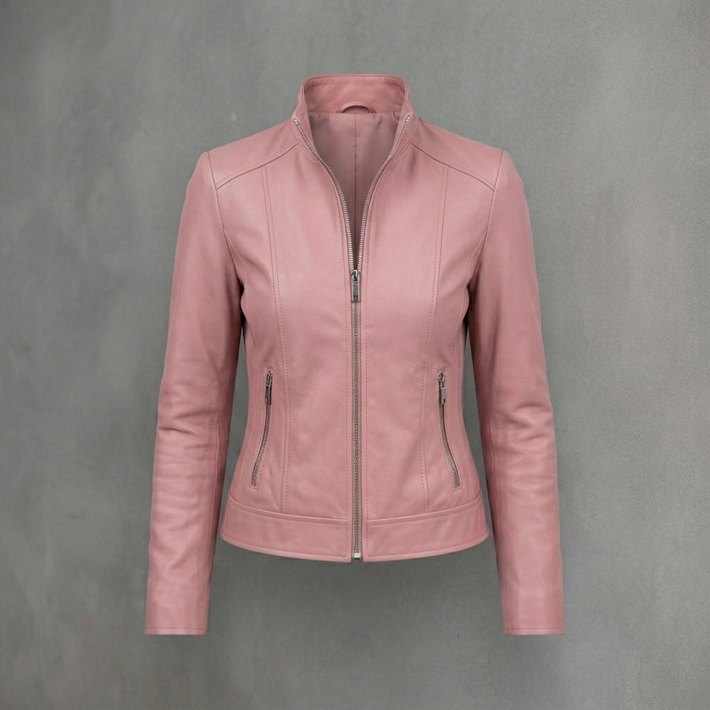 Dusty Rose Zip-Front Cafe Racer Leather Jacket