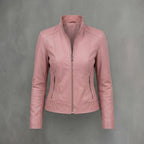 Dusty Rose Zip-Front Cafe Racer Leather Jacket