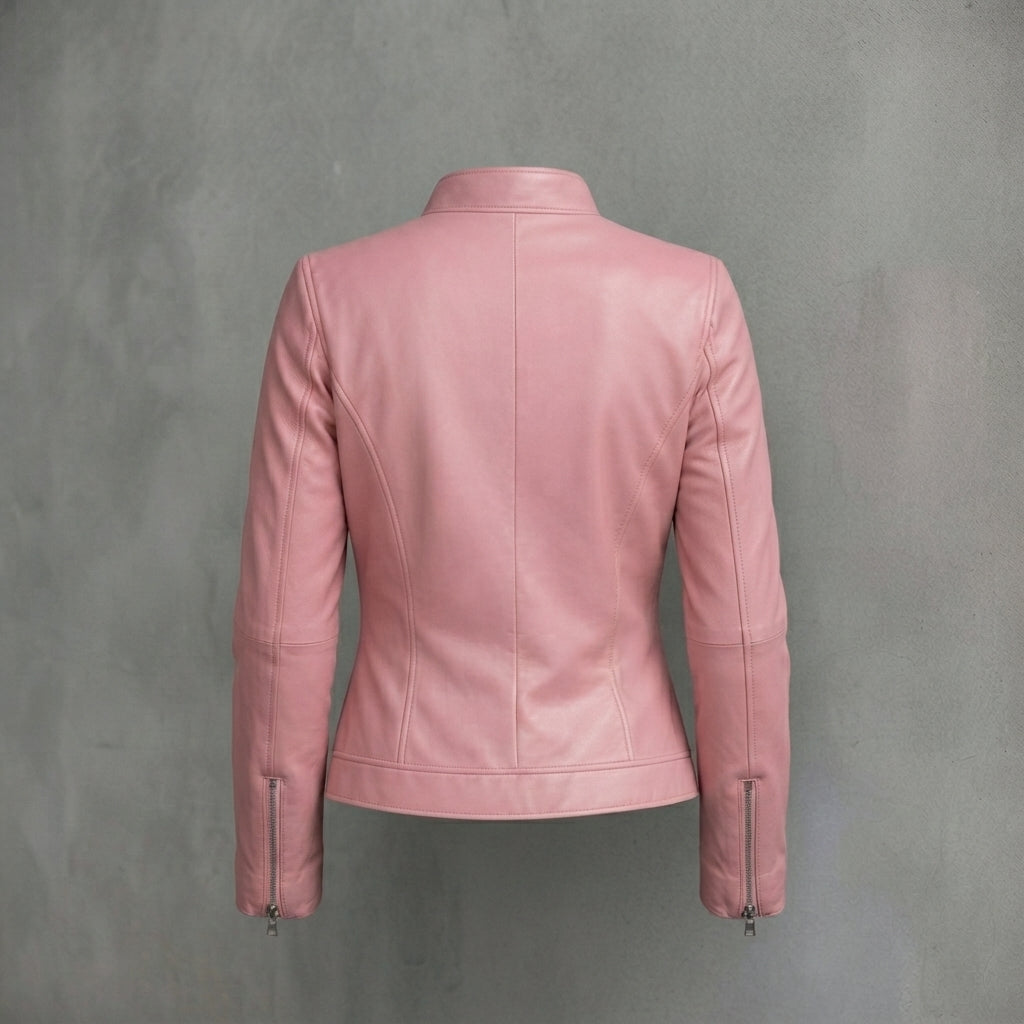 Dusty Rose Zip-Front Cafe Racer Leather Jacket