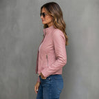 Dusty Rose Zip-Front Cafe Racer Leather Jacket