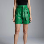 Women's Emerald Green Belted Leather Shorts