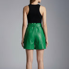 Women's Emerald Green Belted Leather Shorts