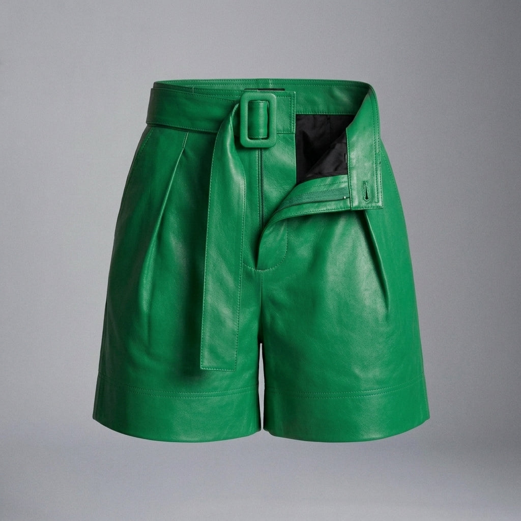 Women's Emerald Green Belted Leather Shorts