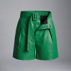Women's Emerald Green Belted Leather Shorts