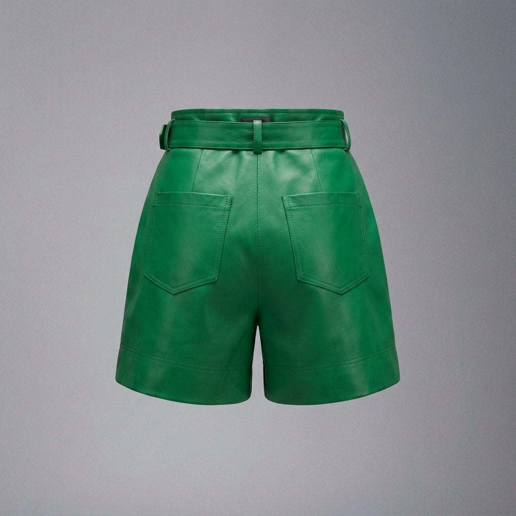 Women's Emerald Green Belted Leather Shorts