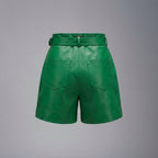 Women's Emerald Green Belted Leather Shorts