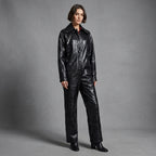Glossy Black Long-Sleeve Leather Jumpsuit