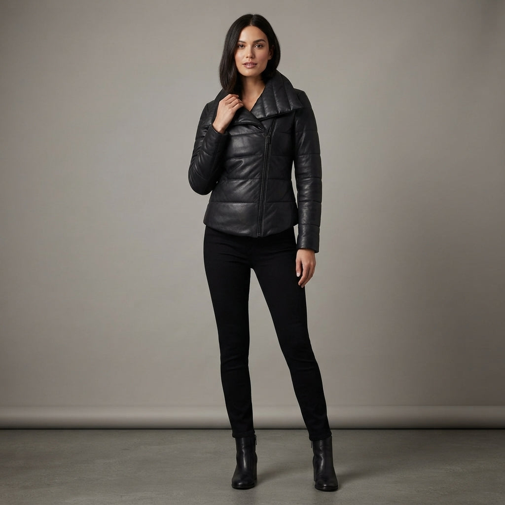Women's Fitted Black Leather Funnel-Neck Puffer Jacket
