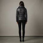 Women's Fitted Black Leather Funnel-Neck Puffer Jacket
