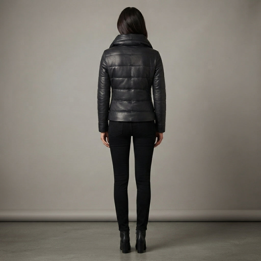 Women's Fitted Black Leather Funnel-Neck Puffer Jacket
