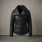 Women's Fitted Black Leather Funnel-Neck Puffer Jacket