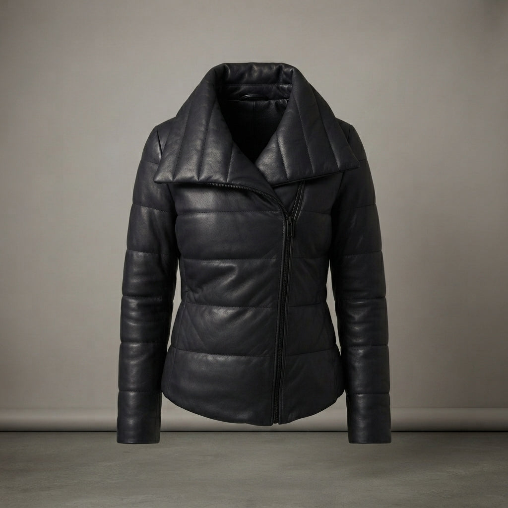 Women's Fitted Black Leather Funnel-Neck Puffer Jacket