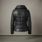 Women's Fitted Black Leather Funnel-Neck Puffer Jacket