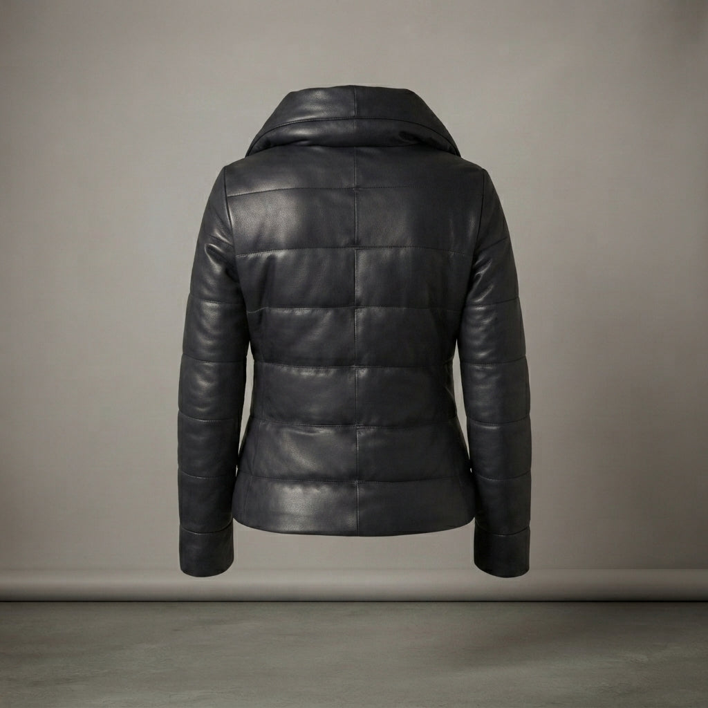 Women's Fitted Black Leather Funnel-Neck Puffer Jacket