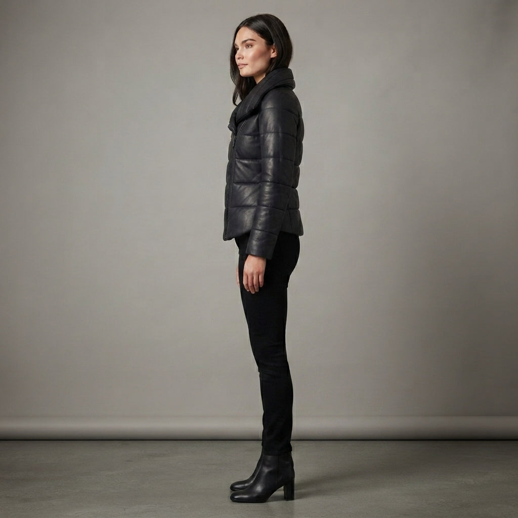 Women's Fitted Black Leather Funnel-Neck Puffer Jacket