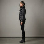 Women's Fitted Black Leather Funnel-Neck Puffer Jacket