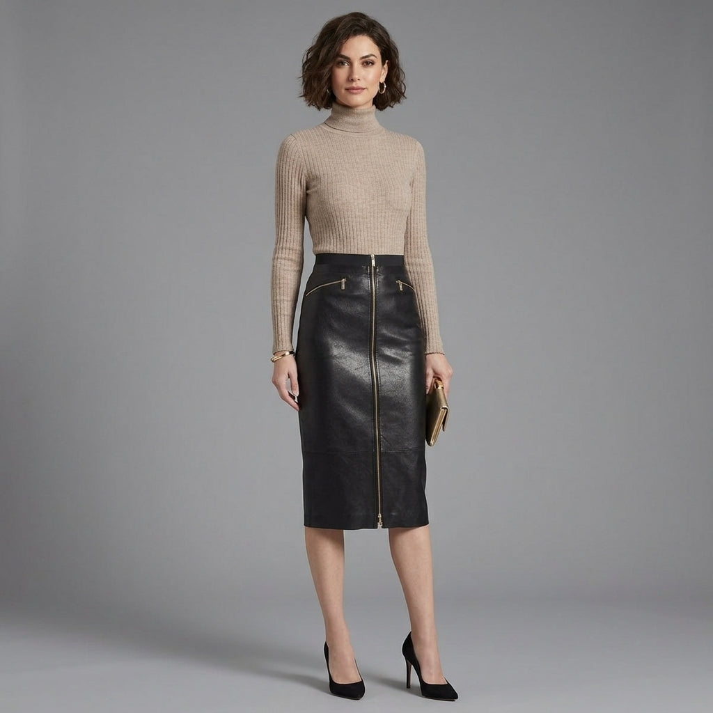 Women's Front Zip Leather Skirt
