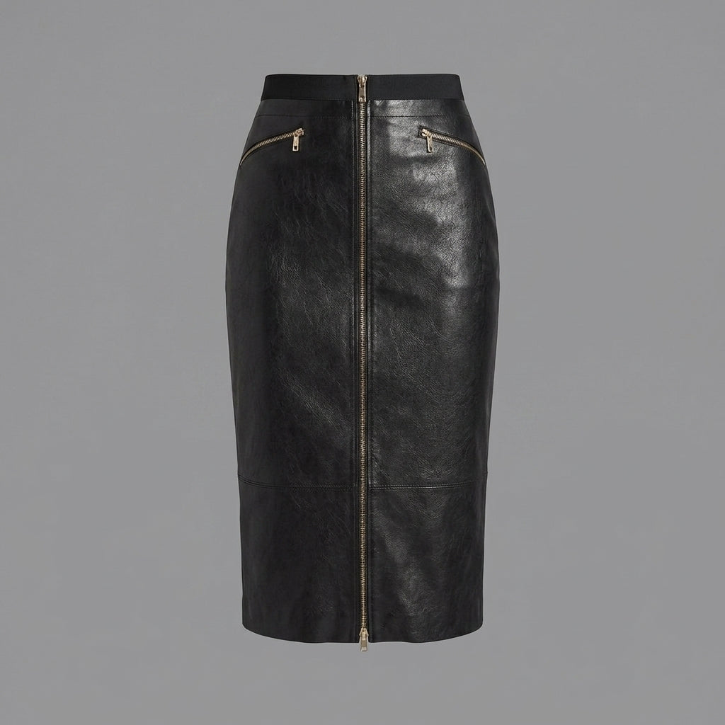 Women's Front Zip Leather Skirt