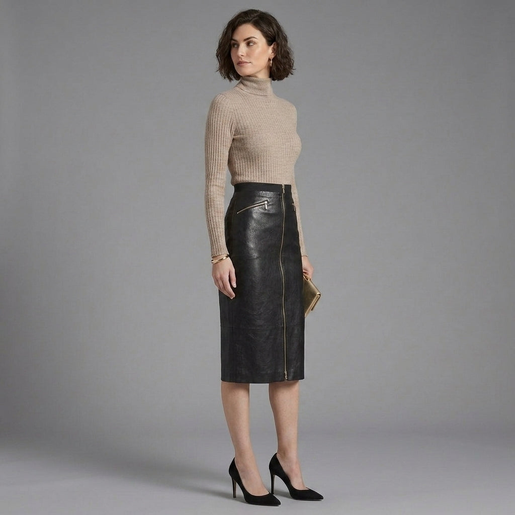 Women's Front Zip Leather Skirt