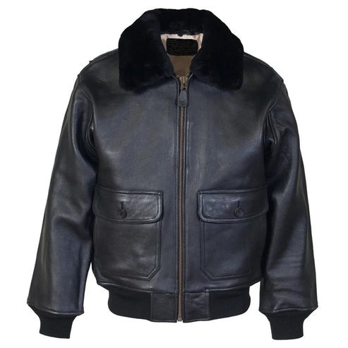 Men's Black Leather Flight Jacket with Removable Mouton Fur Collar