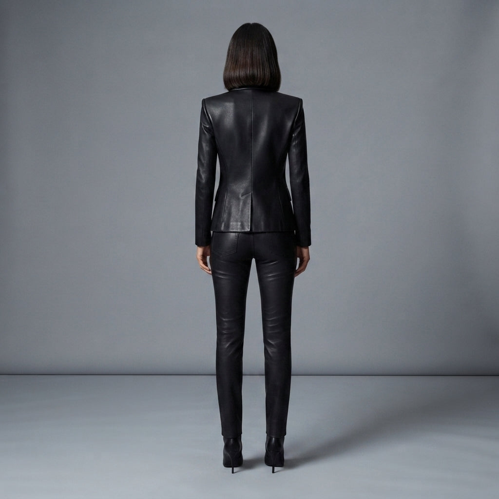 Women's Gold-Button Leather Blazer