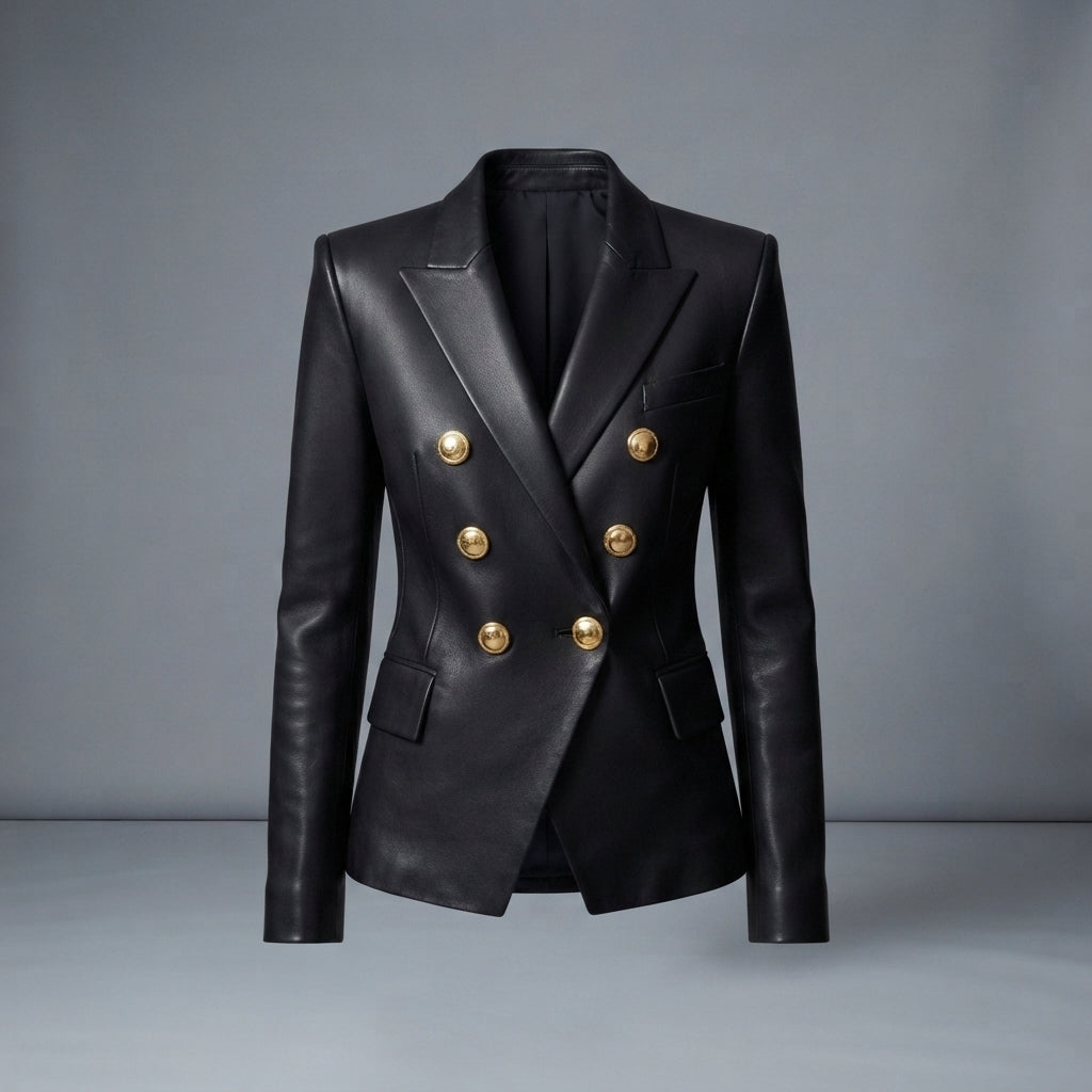 Women's Gold-Button Leather Blazer