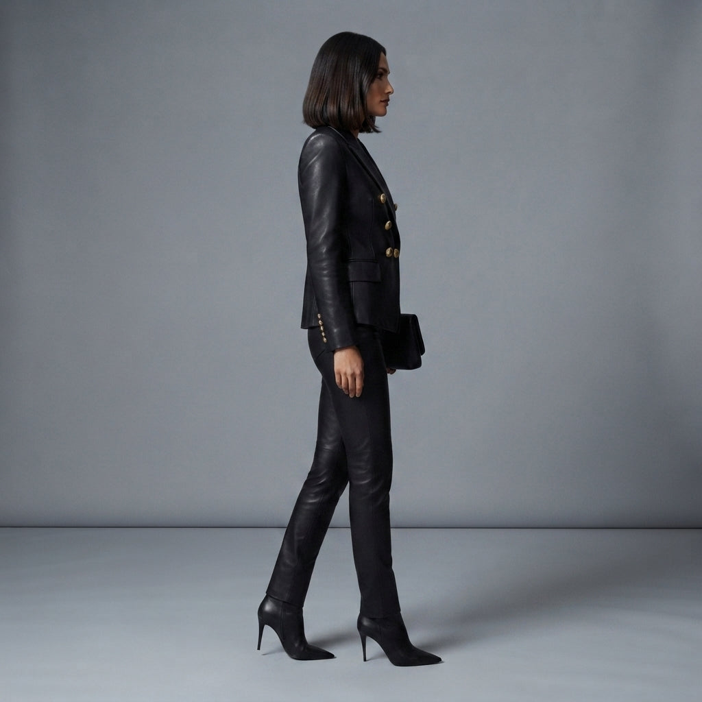 Women's Gold-Button Leather Blazer