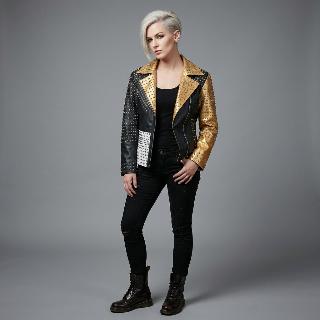 Gold & Silver Studded Leather Jacket