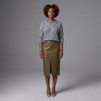 Women's Green Leather Midi Skirt with Front Slit