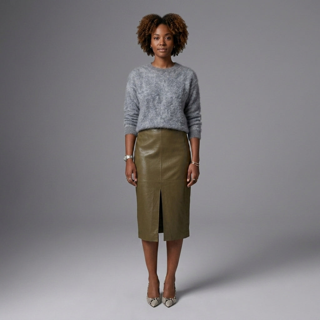 Women's Green Leather Midi Skirt with Front Slit