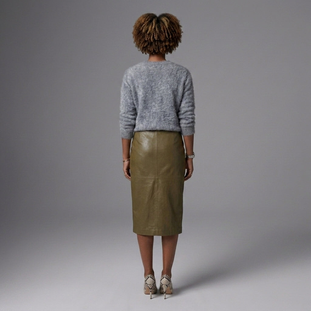 Women's Green Leather Midi Skirt with Front Slit