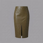 Women's Green Leather Midi Skirt with Front Slit