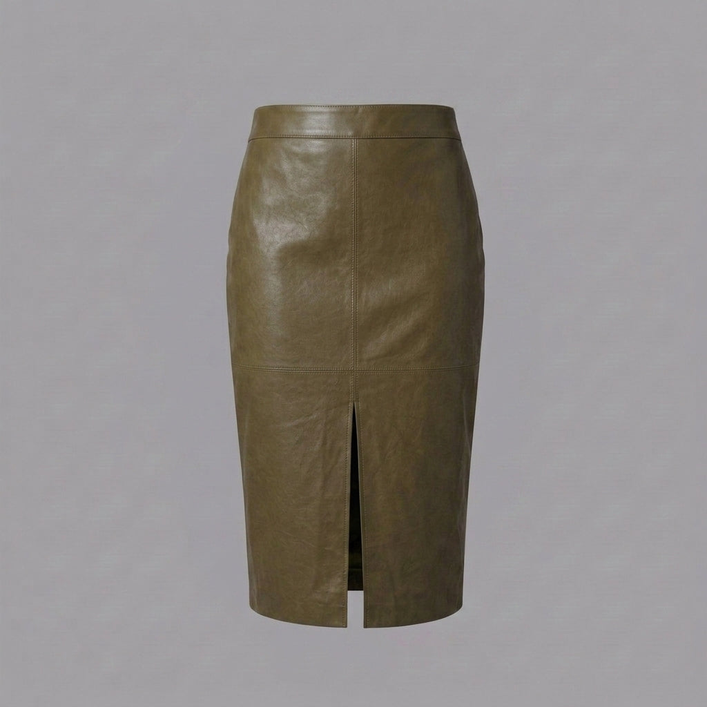 Women's Green Leather Midi Skirt with Front Slit