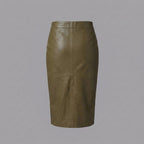 Women's Green Leather Midi Skirt with Front Slit