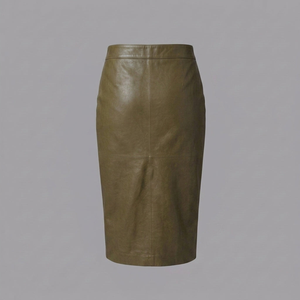 Women's Green Leather Midi Skirt with Front Slit